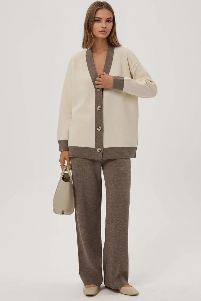 Geknoopte Cardigan & Textuur Hoog Midden Taille Gebreide Broek Co-Ord Set