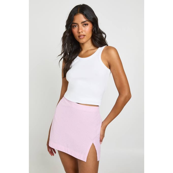 boohoo Dames Katoenen Poplin Gestreepte Mini Rok Met Split Zoom | Roze | Maat: 44