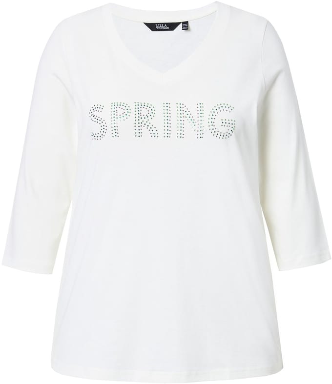 Ulla Popken - Dames - Shirt Spring-stateemt sierplooien V-hals driekwartsmouwen - Off-white - Maat 42+