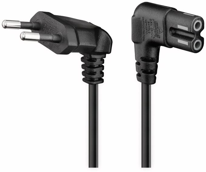 Goobay aansluitkabel eurostekker CEE 7/16 naar C7-bus, 0,3 m zwart, haakse 90° pluggen, 2-pins voedingskabel voor onder andere PlayStation en Xbox One