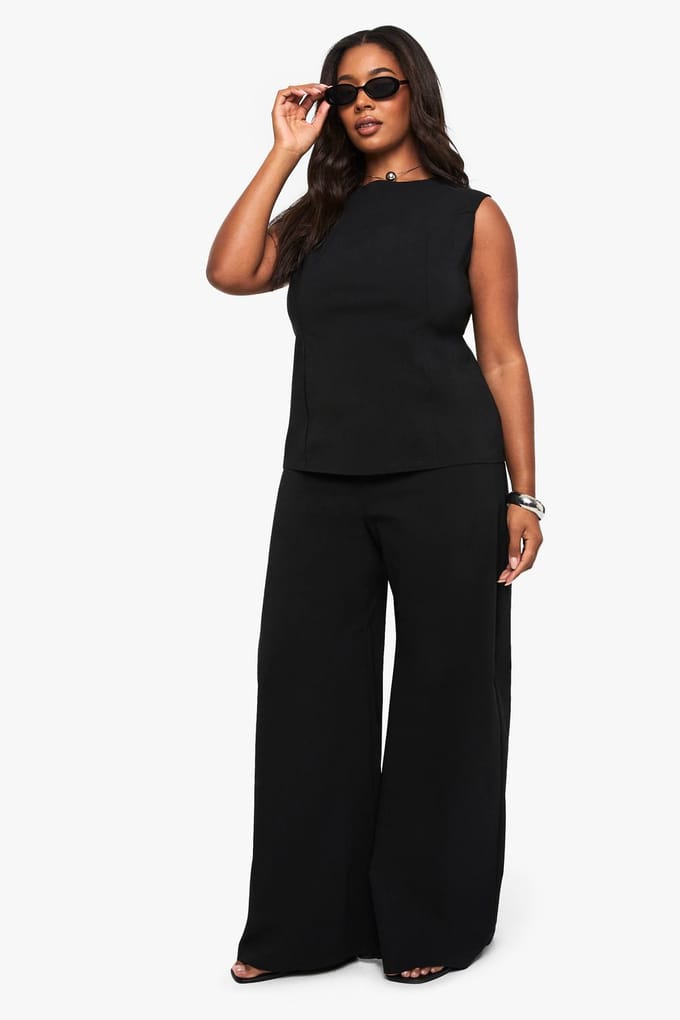 boohoo Dames Plus Bengaline top met ingeknoopte taille & broekset | Black | Maat: 28