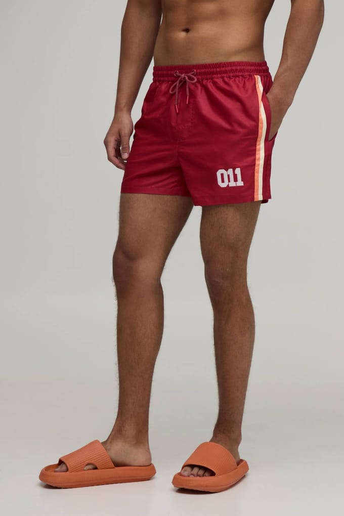 Side Stripe Panelled Applique Short Length Swim Short | Red | Size Medium