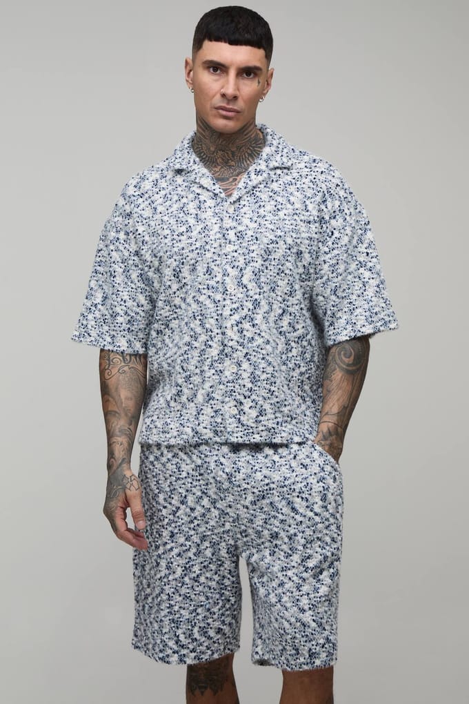 Tall Geborsteld Bouclé Oversized Shirt & Relaxed Short Set | Size Medium