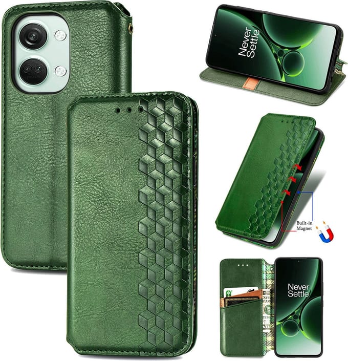 Luxe PU Lederen Ruitpatroon Wallet Case + PMMA Screenprotector voor OnePlus Nord 3 _ Groen