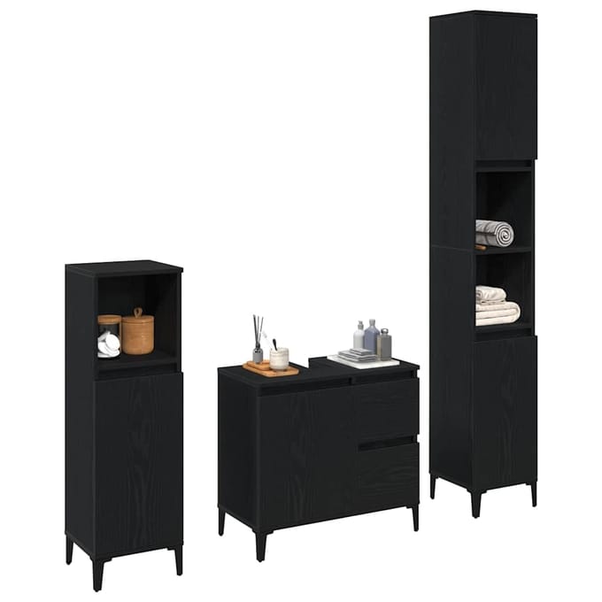 vidaXL - Badkamermeubel - Set - 3 - st - Zwart - Eiken - Samengesteld - Hout - en - Metaal