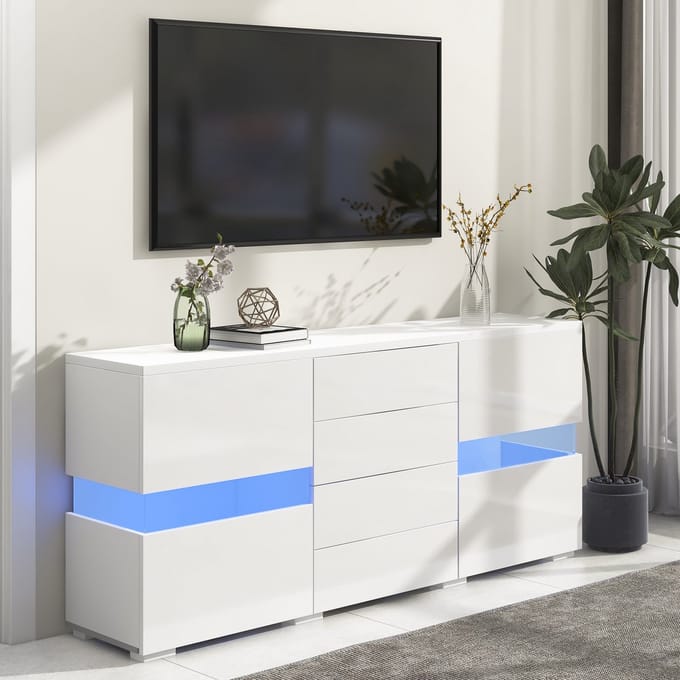 MODENUIT Dressoir - Ledverlichting En 4 Lades - Voor Woonkamer En Eetkamer - MDF Wit Hoogglans - 140x35x72 Cm