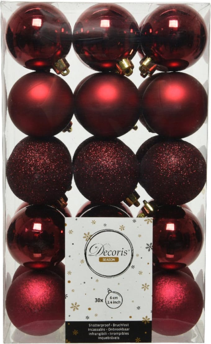 Decoris kerstballen - 30x st - donkerrood - D6 cm - kunststof - kerstversiering