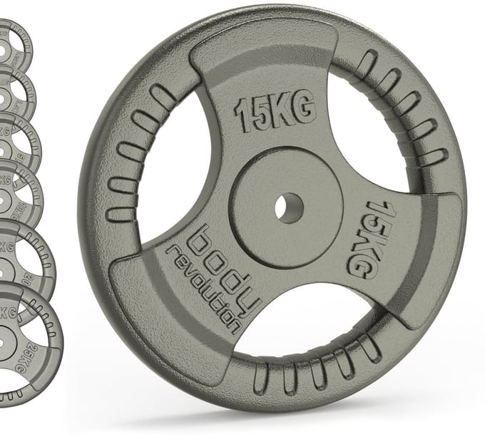 1\ tri-grip 2x gietijzeren gewichtsschijven - grijs - 15kg - chroom