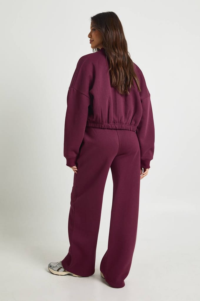 boohoo Dames Zip Through Bomber Straight Leg Trainingspak | Bordeaux Rood | Maat: Large