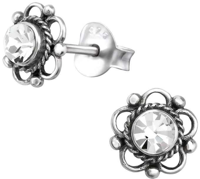 Joy|S - Zilveren Bali bloem oorbellen - 7 mm - kristal - geoxideerd