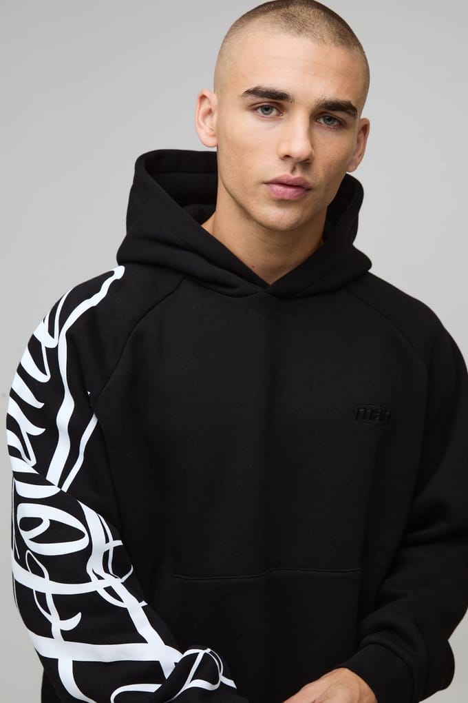 Oversized Boxy Homme Script Hoodie and Relaxed Split Hem Jogger Tracksuit | Black | Size Small