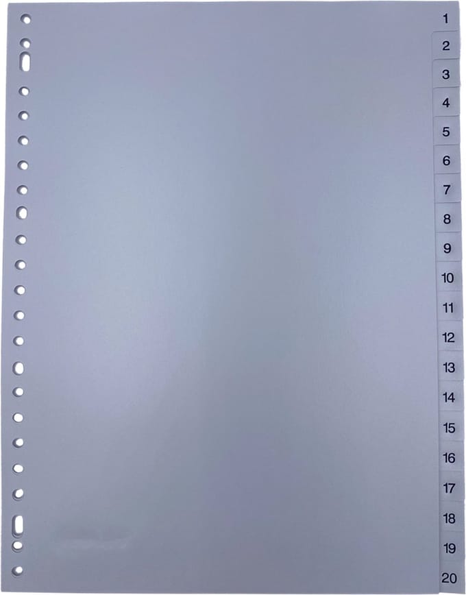DULA Tabbladen plastic 1 tot 20 - Genummerd - A4 - Grijs - 23 gaten - PP