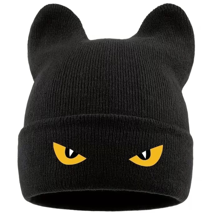 Zwarte Beanie met Kattenoren & Ogen – Warm, Stoer en Uniek