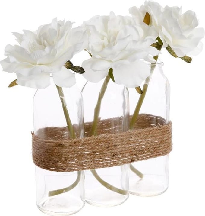 Witte kunstmatige rozen 23cm glazen vaas - Verre|Polyester|Chanvre - Roze - Wit - SILUMEN