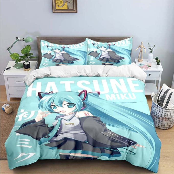 Dessin Animé Kawaii Chanteuse Virtuelle H-Hatsune-Miku Parures de Lit Ensemble de Linge de Lit Housse de Couette Ensemble Couette de Lit Ensemble de Linge de Lit Cadeau 150*200cm 3pcs
