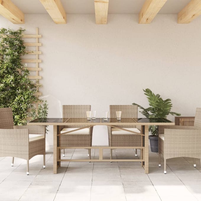 vidaXL - Tuintafel - met - glazen - blad - 190x80x75 - cm - poly - rattan - beige