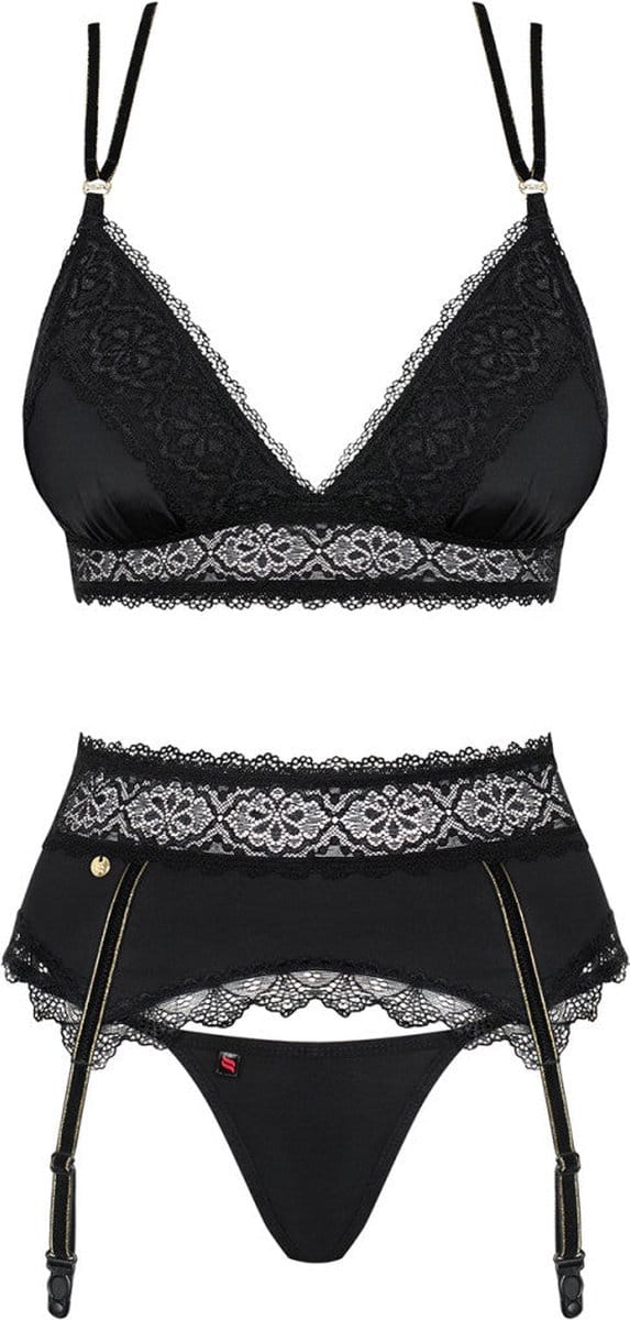 Obsessive Lolitte BH met Jarretel & String - Erotische Lingerieset - Maat L/XL - Zwart