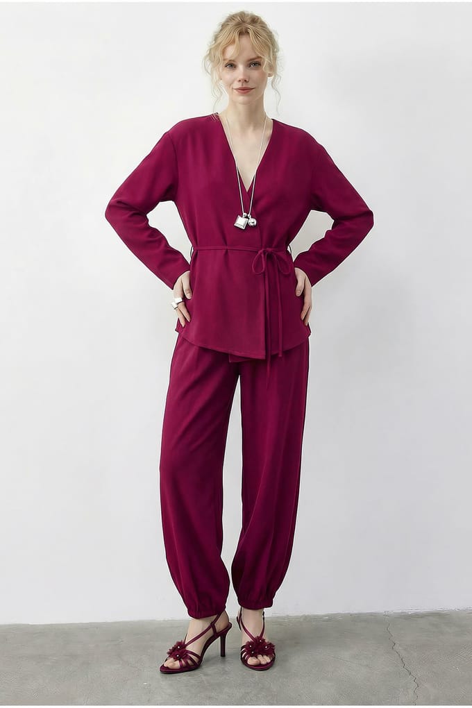 Gordel Gedetailleerde Blouse en Joggingbroek Twee Stuks Set