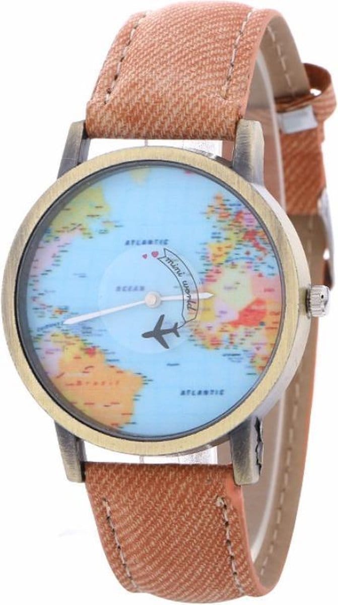 Fako® - Horloge - Mini World - Vliegtuig - Lichtbruin