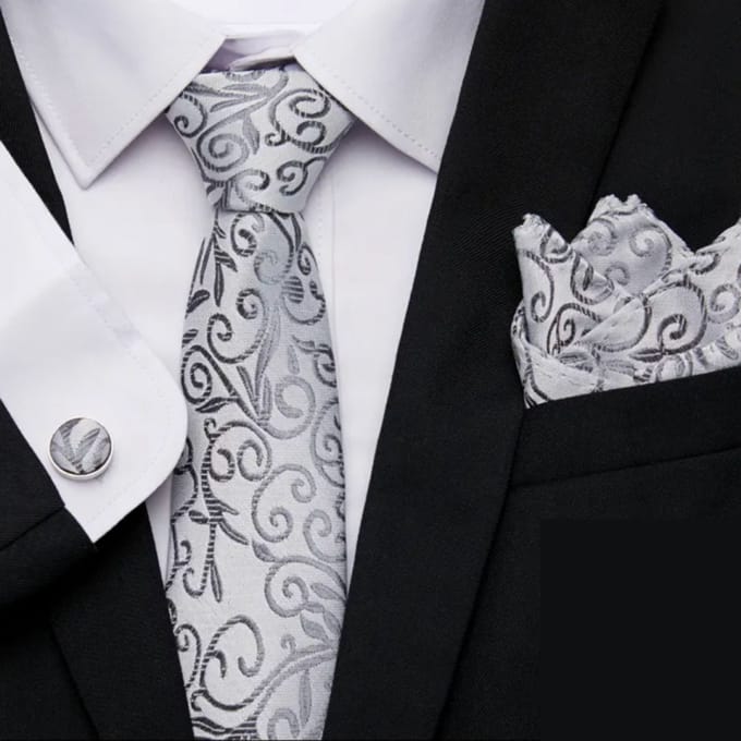 3-Delige- Stropdasset- Grijs- Bloem- Zijde - Charme Bijoux