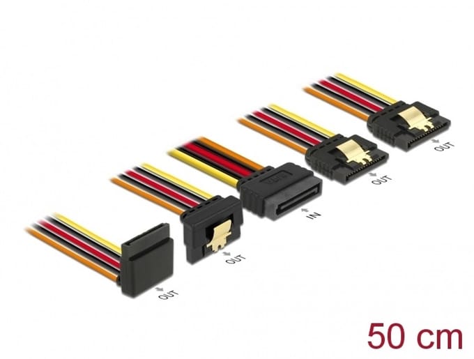 Delock Cable SATA 15 pin power plug with latching function > SATA 15 pin power receptacle 2 x straight / 1 x down / 1 x up 50 cm