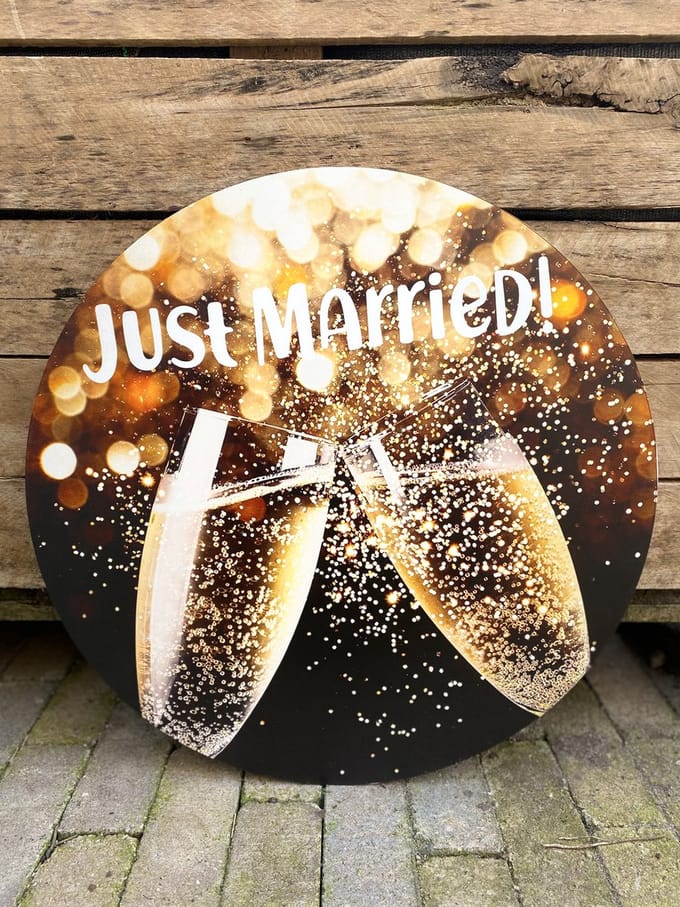 Creaties van Hier - Tuinbord - Wandbord - Muurcirkel - - Just Married - Pas getrouwd - 30 cm - Dibond