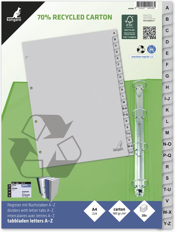 Kangaro tabbladen - A4 - 20-delig met alfabet - ECO karton 180 grams - 4-gaats