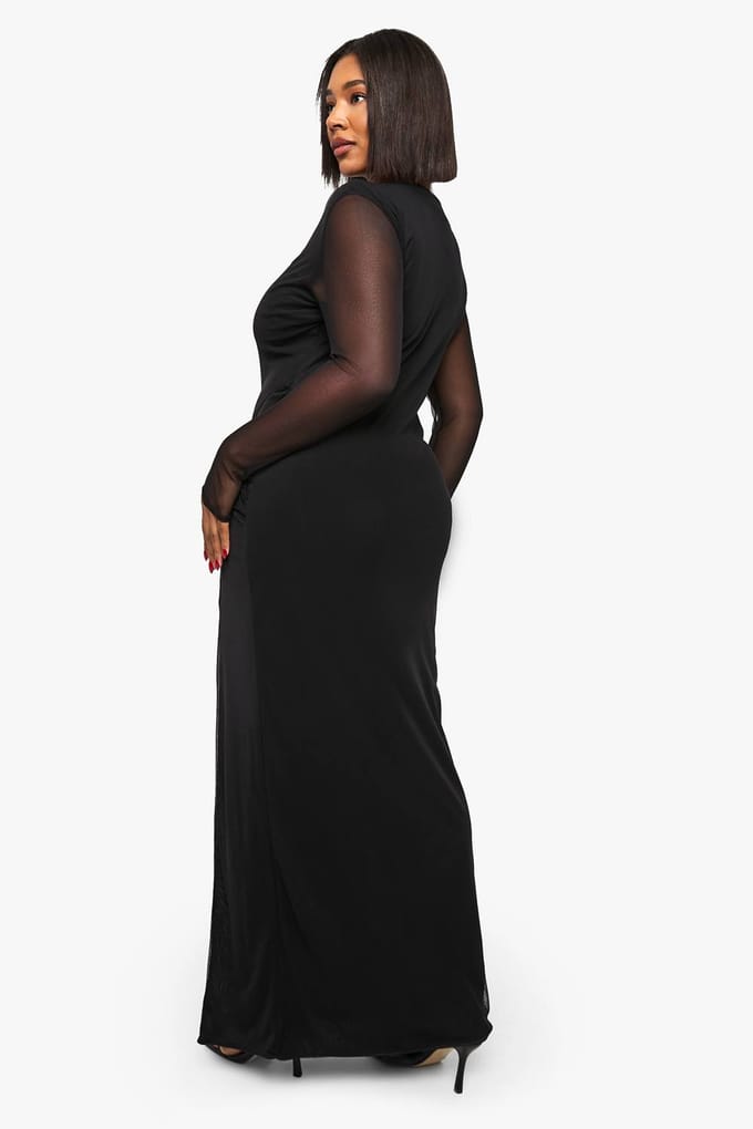 boohoo Dames plus maxi-jurk met mesh en twistdetail | Black | Maat: 28