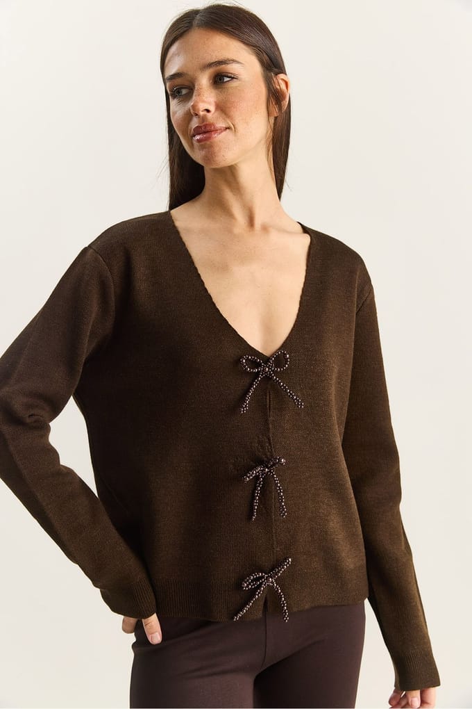 Geknoopte Gebreide V-hals Cardigan