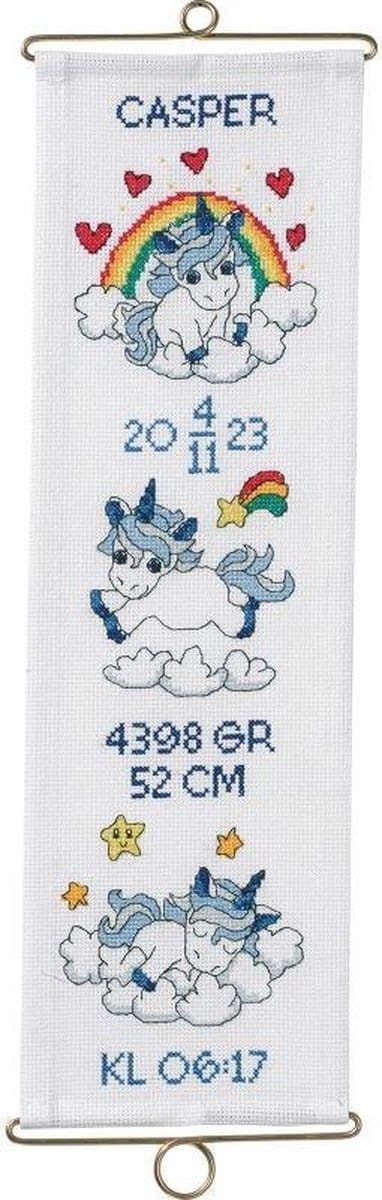 Borduurpakket Geboorte Unicorns blauw - Permin