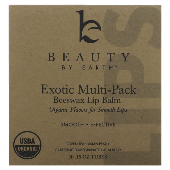 Beauty By Earth, Baume à lèvres à la cire d'abeille biologique, Multipack exotique, 4 tubes, 0,15 oz chacun beige