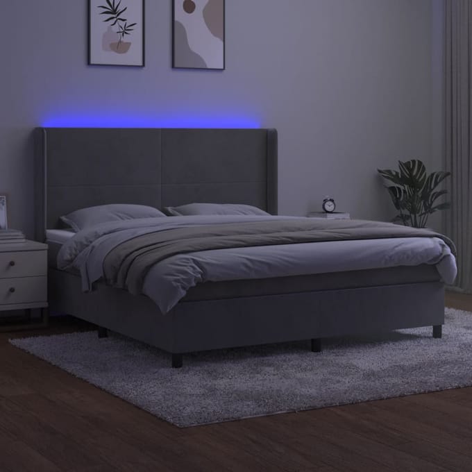 vidaXL - Boxspring - met - matras - en - LED - fluweel - lichtgrijs - 160x200 - cm