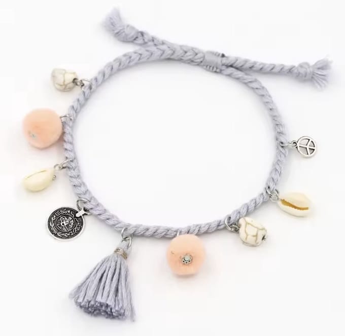 Jomide Enkelbandje - Bohemian - Schelpjes - Lichtgrijs