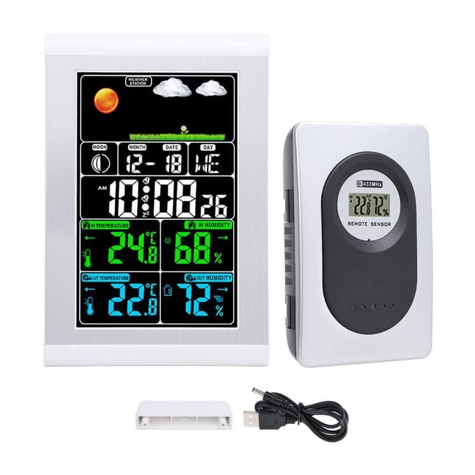 Weerklok Wand Digitaal Display Tuinmonitoring Binnen Buiten Temperatuur Vochtigheidsmeter black