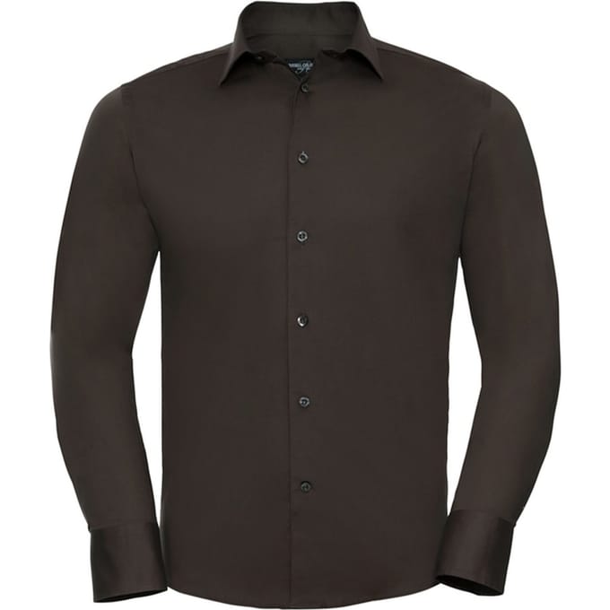 Russell Collection Heren Stretch Overhemd Met Lange Mouwen (Chocolade)