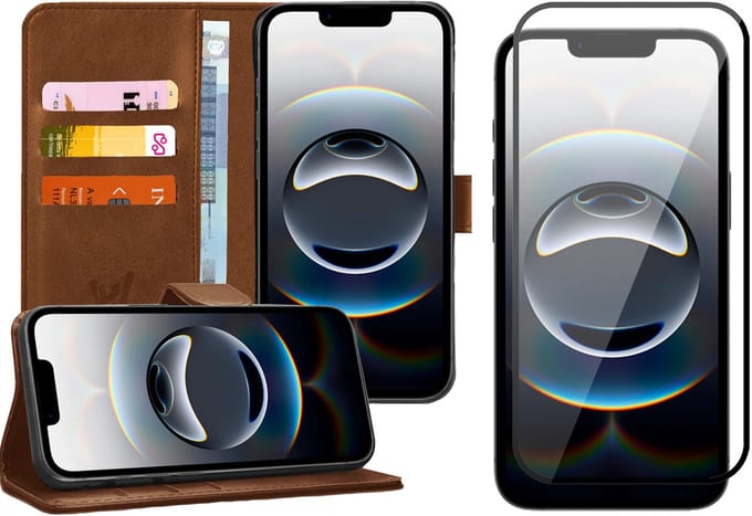 Hoesje geschikt voor iPhone 16e - Screenprotector Volledig Dekkend Glas - Portemonnee Book Case Bruin