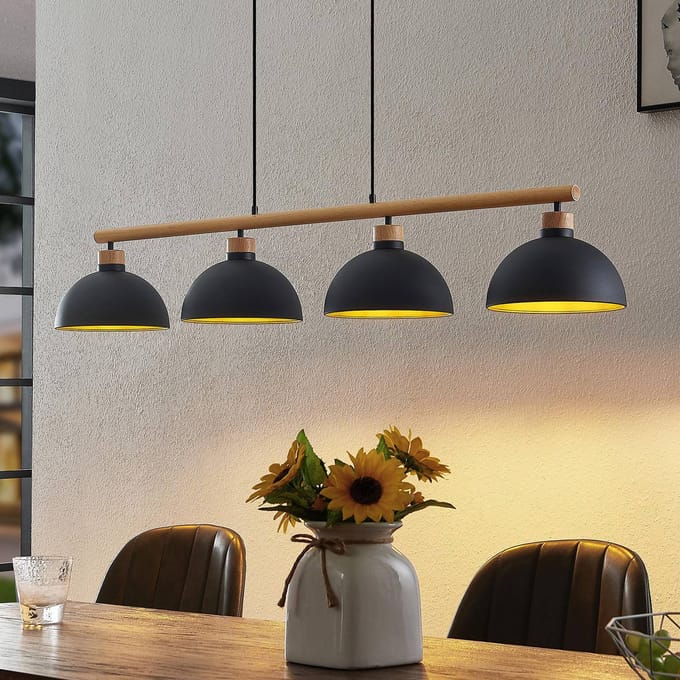 Lindby - hanglamp - 4lichts - Ijzer, rubberhout - H: 12.5 cm - E27 - zwart, goud, licht hout