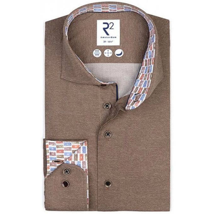 R2 Amsterdam - Overhemd Melange Bruin - Heren - Maat 46 - Modern-fit