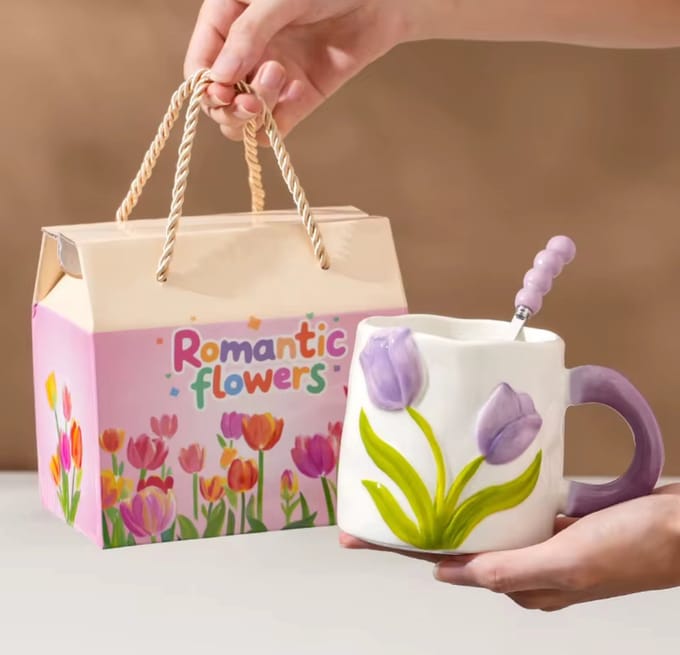 Romantische Tulpen Beker - 400ml - Paars – Inclusief Lepel & Luxe Geschenkverpakking