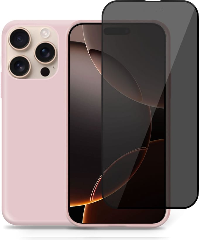 Hoesje + Privé Screenprotector geschikt voor Apple iPhone 16 Pro Max – Privacy Tempered Glass - Back Case Cover Roze
