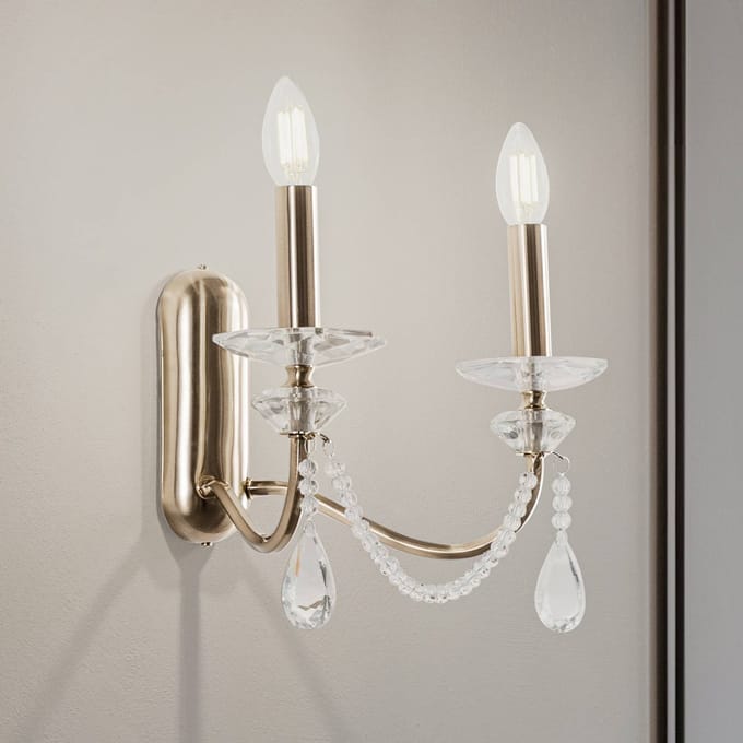Lucea Adone wandlamp, 2-lamps, messing, hoogte 30 cm, kristalglas