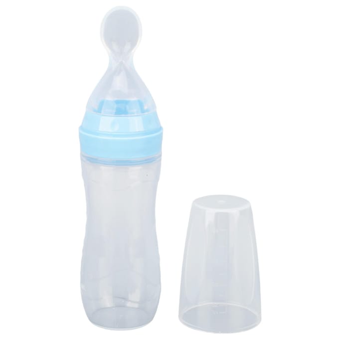 Distributeur d'aliments Silicone Souple Opération à une main Conception avec échelle Distributeur avec cuillère souple pour patients âgés Bleu bleu