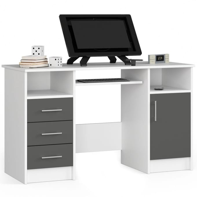Bureau ANA met 3 Laden / Computerbureau / Computer Tafel / Bureautafel / Wit - Grafietgrijs / 124 x 77 x 52 cm
