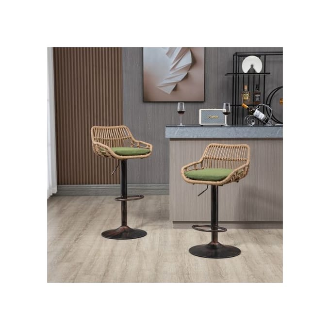 Tabouret de bar - MUVOE - Lot de 2 - Réglable en hauteur - Métal et rotin - Couleur verte vert