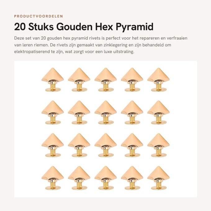 Dailygoods - 20 Stuks Gouden Hex Pyramid Rivets voor Lederen Riemen