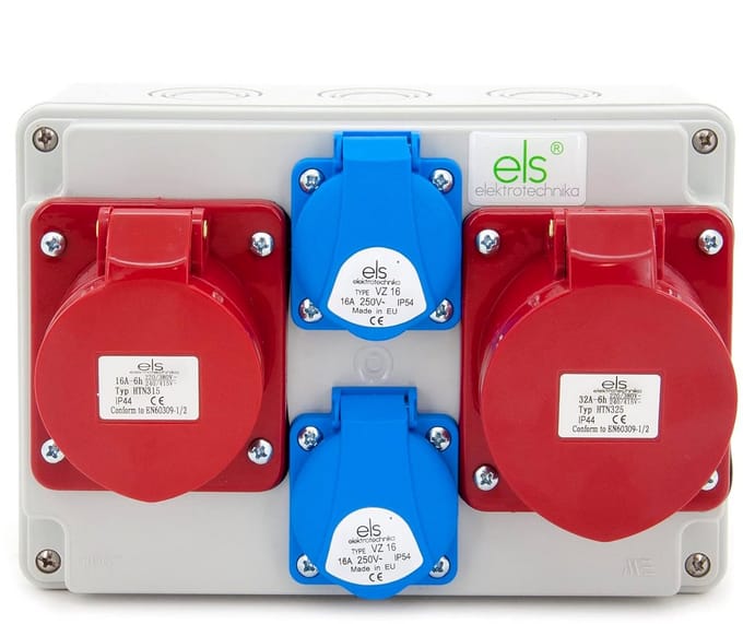 Construction current distributor 3 x 230 V + 2 x CEE 16 A and switch