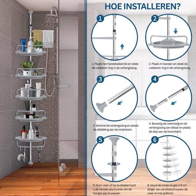 CLVP® Telescopisch Doucherek - Doucherek Zonder te Boren - Grijs