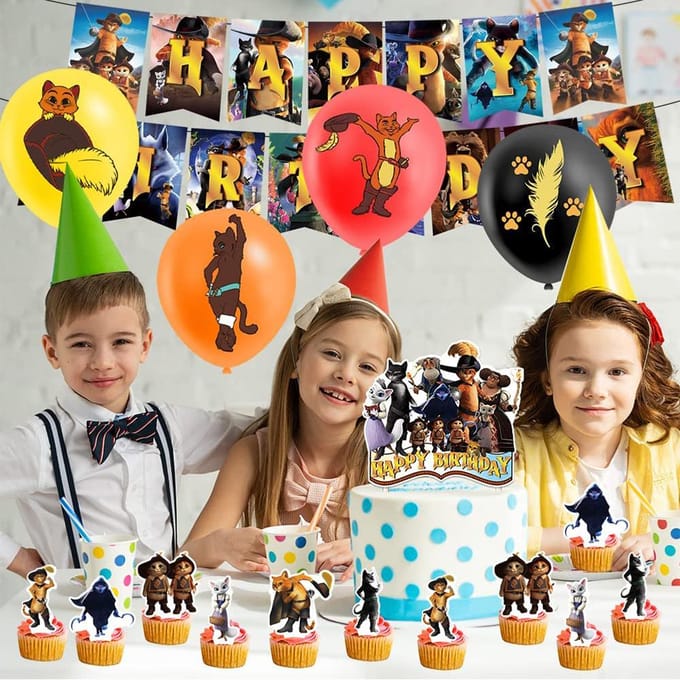 30 stuks Puss in Boots feestartikelen inclusief taarttopper ballonnen banner orange