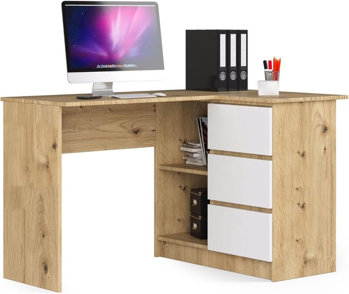 Hoekbureau met plank - Bureau L-vorm - Thuiswerken - Omkeerbaar voor links/rechts - 124 cm breed - Eiken wit