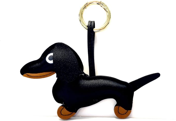 Sleutelhanger/tashanger teckel zwart met ring goud